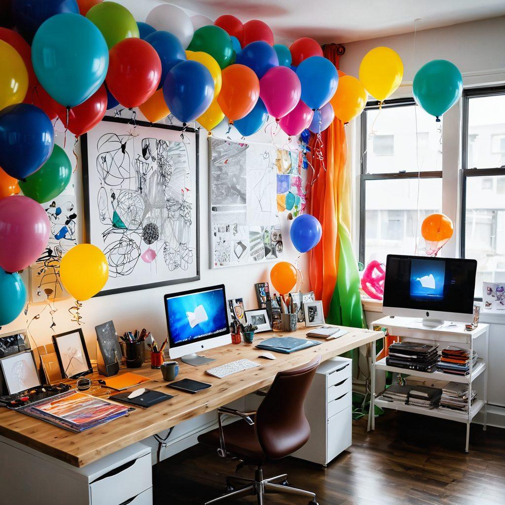 A vibrant and imaginative workspace filled with colorful graphic design tools, sketches, and digital screens displaying stunning artwork. In the foreground, a designer passionately brings an idea to life, surrounded by event elements like balloons, lights, and decorations, symbolizing unforgettable celebrations. The atmosphere is lively and inspiring, with splashes of color and creative energy flowing throughout. super-realistic. vibrant colors. white background.
