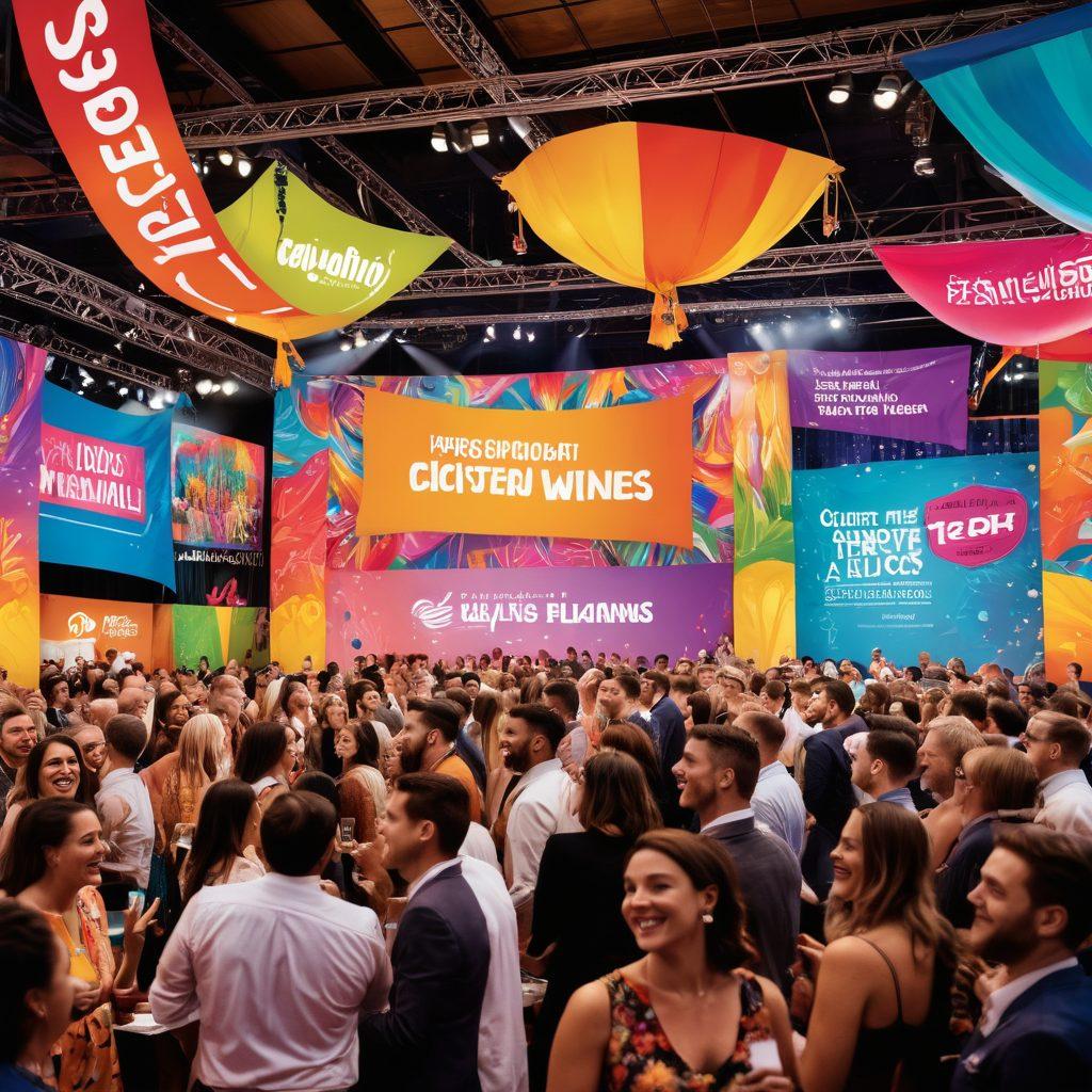 A lively event scene featuring colorful custom banners and signage, showcasing vibrant designs that grab attention. In the foreground, a diverse group of people enjoying the event, with smiles and expressions of excitement. The background includes a beautiful venue adorned with banners that reflect various themes and colors, encapsulating the essence of passion and creativity in event planning. super-realistic. vibrant colors.